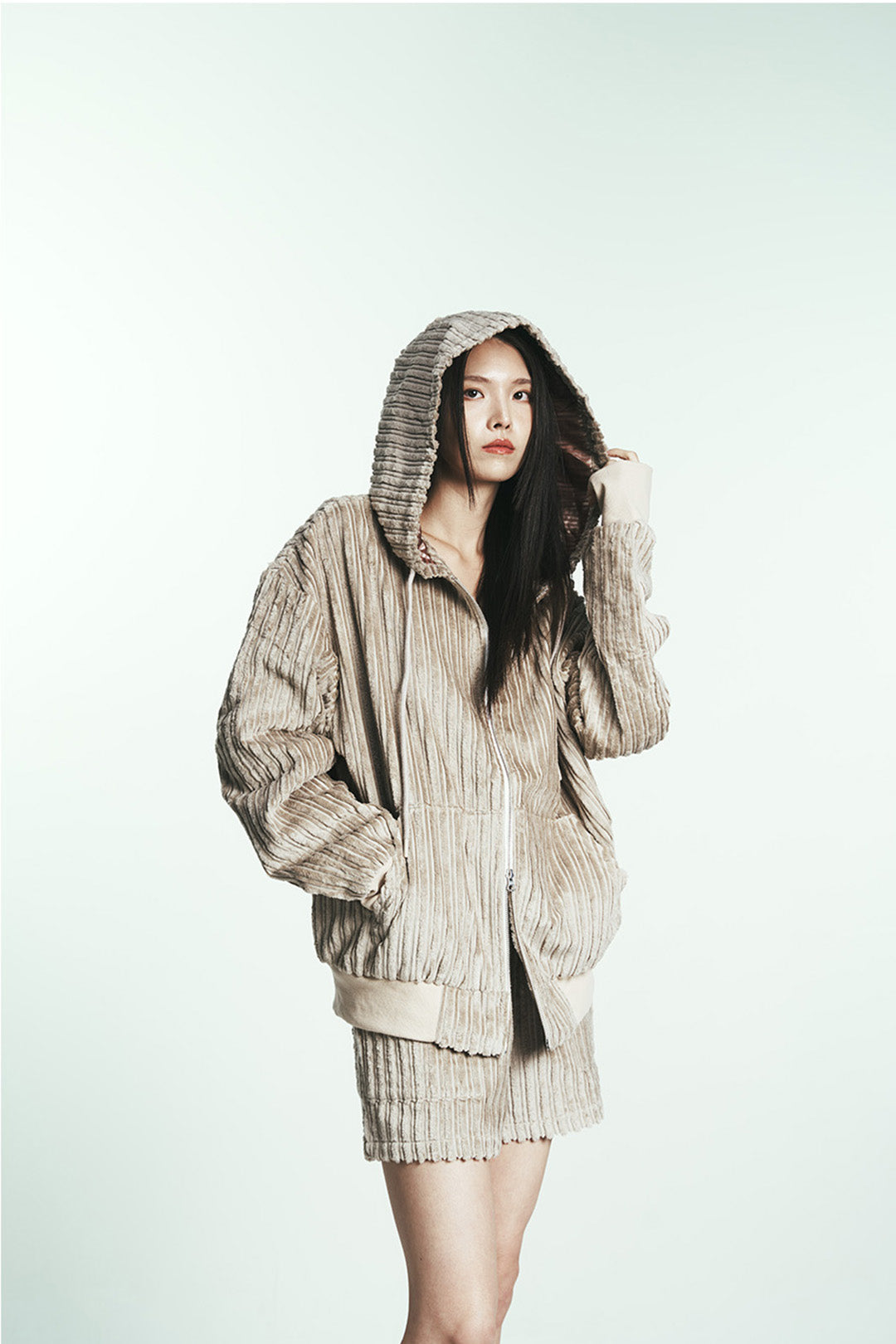 Navy cotton stripe fur hoodie jumper by Phenomenon Seeper, featuring a cozy hood and casual fit with fur-lined interior.