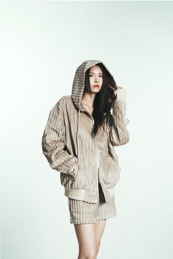 Navy cotton stripe fur hoodie jumper by Phenomenon Seeper, featuring a cozy hood and casual fit with fur-lined interior.