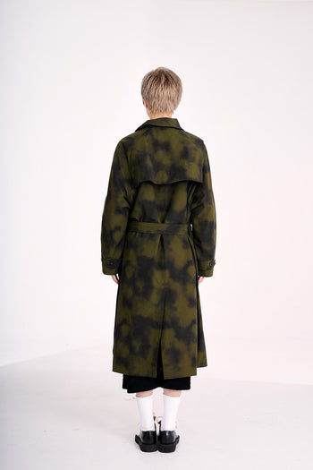 Khaki Fog Washing Trench Coat by Phenomenon Seeper, stylish jacket with a soft, washed finish and classic trench design.