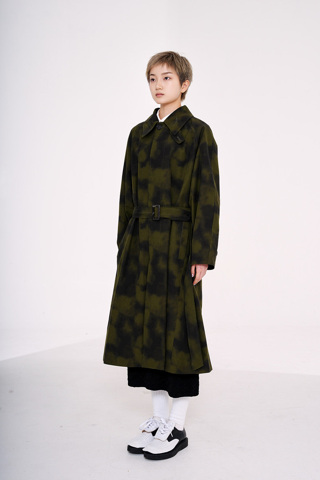 Khaki Fog Washing Trench Coat by Phenomenon Seeper, stylish jacket with a lightweight, washed finish and classic trench design.