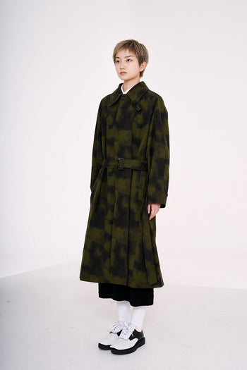 Khaki Fog Washing Trench Coat by Phenomenon Seeper, stylish jacket with a lightweight, washed finish and classic trench design.