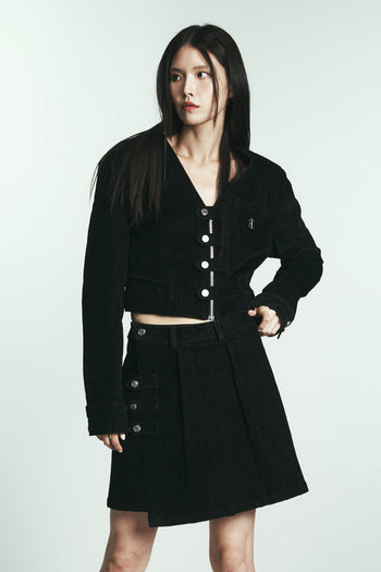 Phenomenon Seeper denim velvet skirt, one size, stylish casual skirt with a soft velvet and denim blend, visible stitching and fit details.