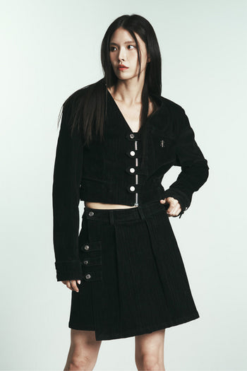 Phenomenon Seeper denim velvet jacket paired with a matching denim velvet skirt, showcasing stylish and textured fabric.