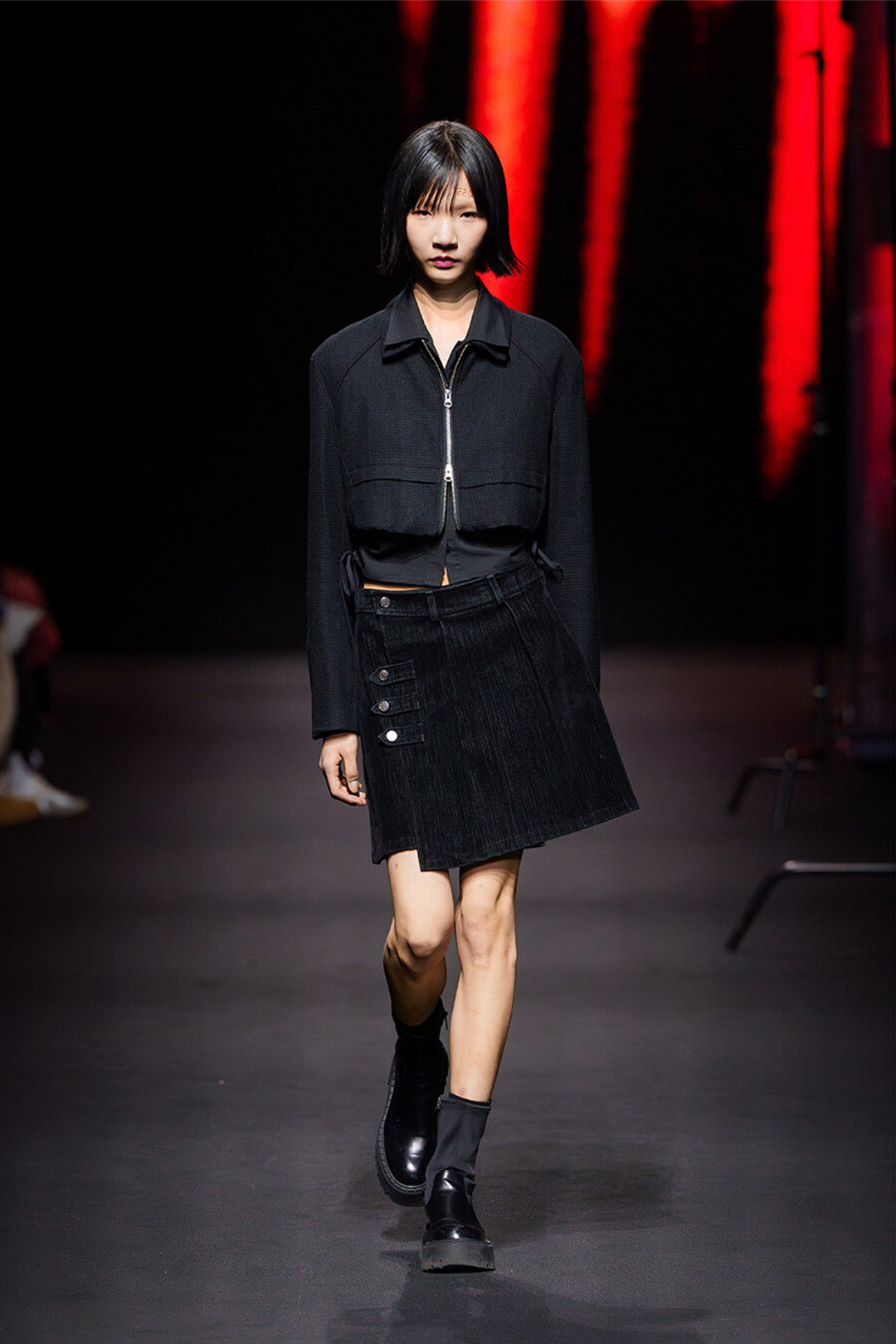 Phenomenon Seeper denim velvet jacket paired with a matching denim velvet skirt, stylish and casual everyday outfit.