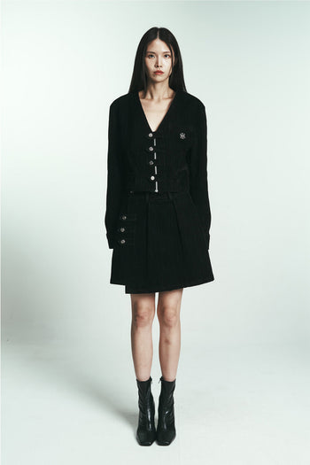 Phenomenon Seeper denim velvet jacket paired with a matching skirt, showcasing stylish, textured fabric and modern design.