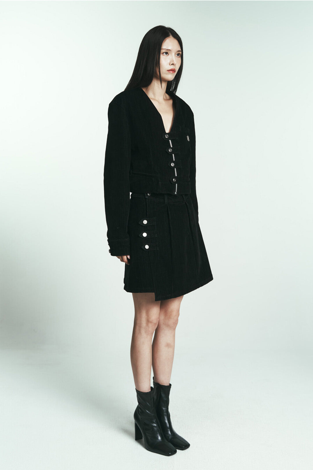 Phenomenon Seeper denim velvet jacket paired with a matching denim velvet skirt, showcasing stylish, textured fabric and modern design.