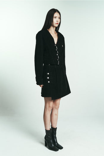 Phenomenon Seeper denim velvet jacket paired with a matching denim velvet skirt, showcasing stylish, textured fabric and modern design.