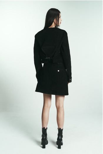 Denim velvet jacket from Phenomenon Seeper paired with a matching skirt, showcasing soft denim fabric and stylish design.