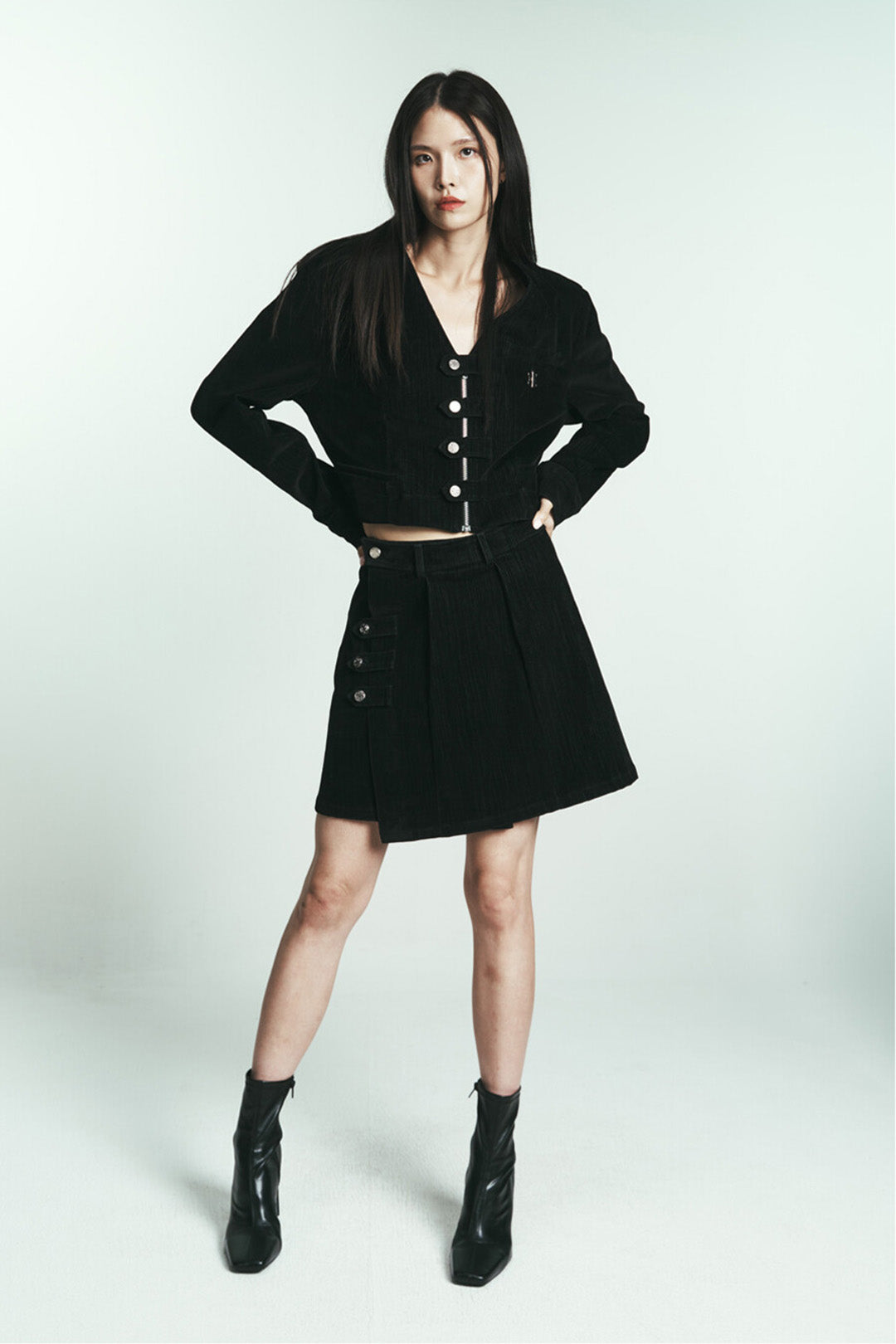 Phenomenon Seeper denim velvet jacket paired with a matching denim velvet skirt, stylish and textured clothing ensemble.