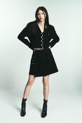 Phenomenon Seeper denim velvet jacket paired with a matching denim velvet skirt, stylish and textured clothing ensemble.