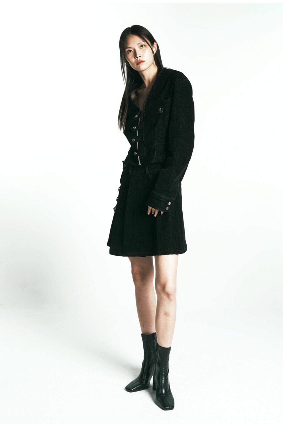 Phenomenon Seeper denim velvet jacket paired with a matching denim velvet skirt, showcasing stylish and textured fashion.