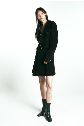 Phenomenon Seeper denim velvet jacket paired with a matching denim velvet skirt, showcasing stylish and textured fashion.