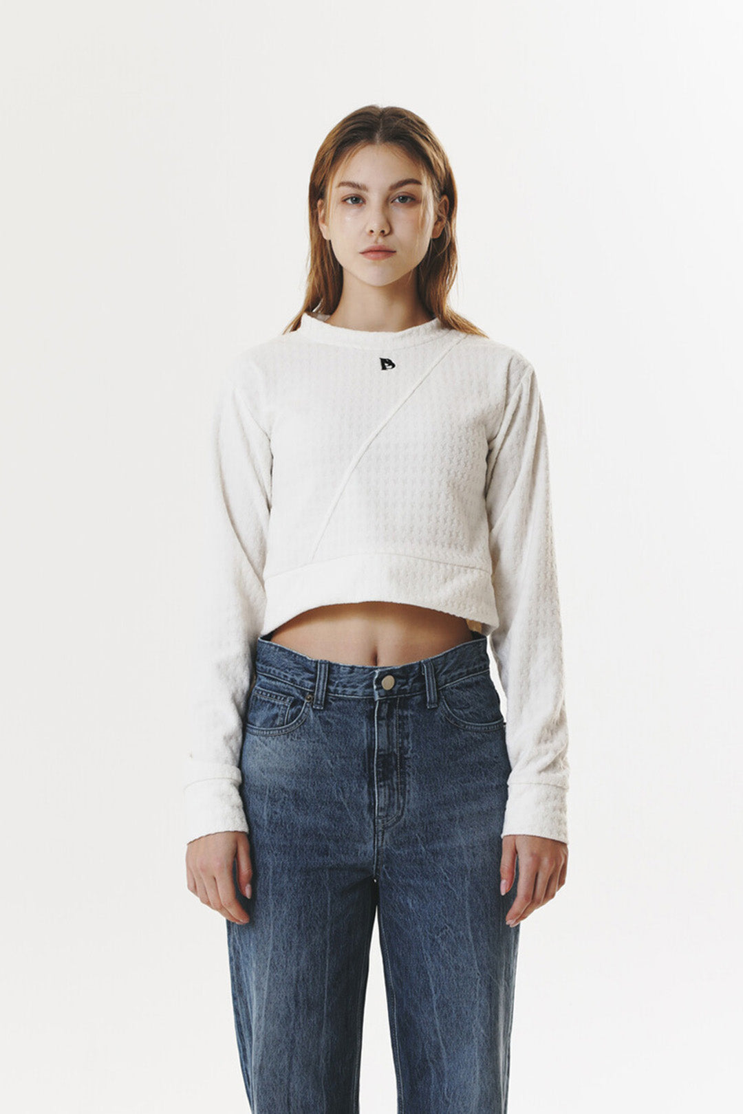 Navy Polar Fleece Logo Crop T-Shirt by Phenomenon Seeper, featuring a cropped fit and brand logo on the front, casual top for women.