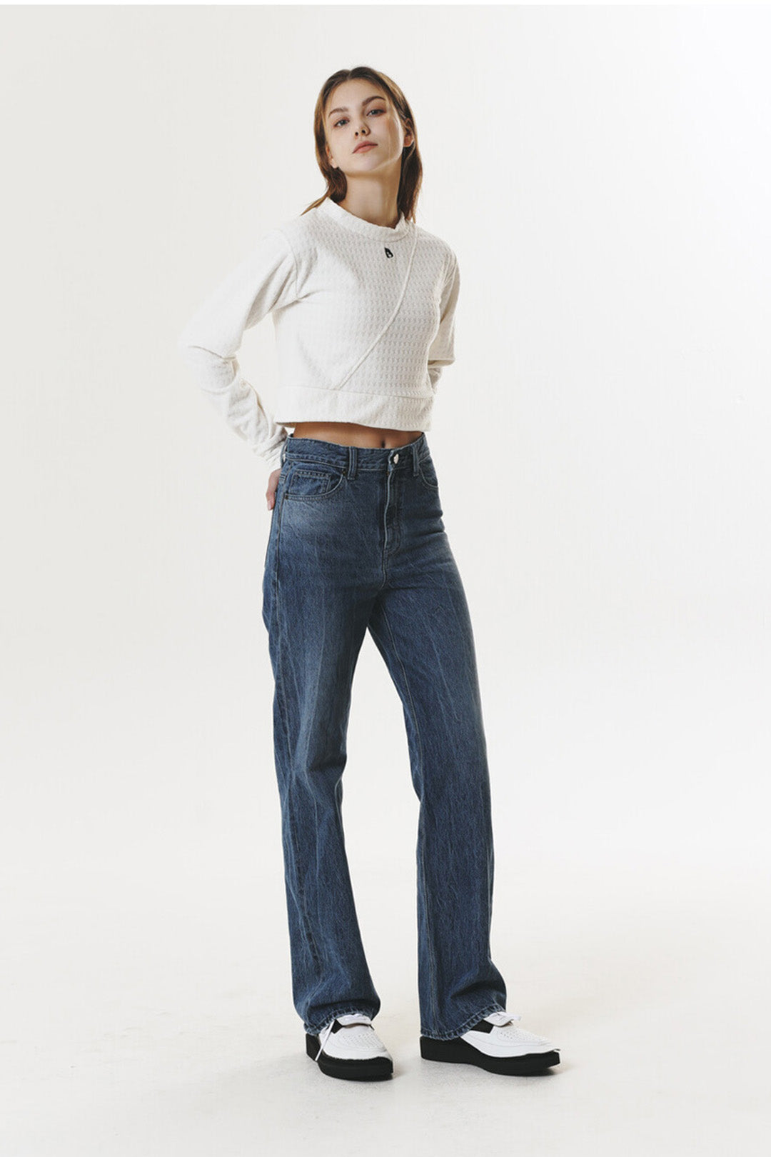 Navy Polar Fleece Logo Crop T-Shirt by Phenomenon Seeper, featuring a cropped fit and brand logo on the front, casual and stylish.