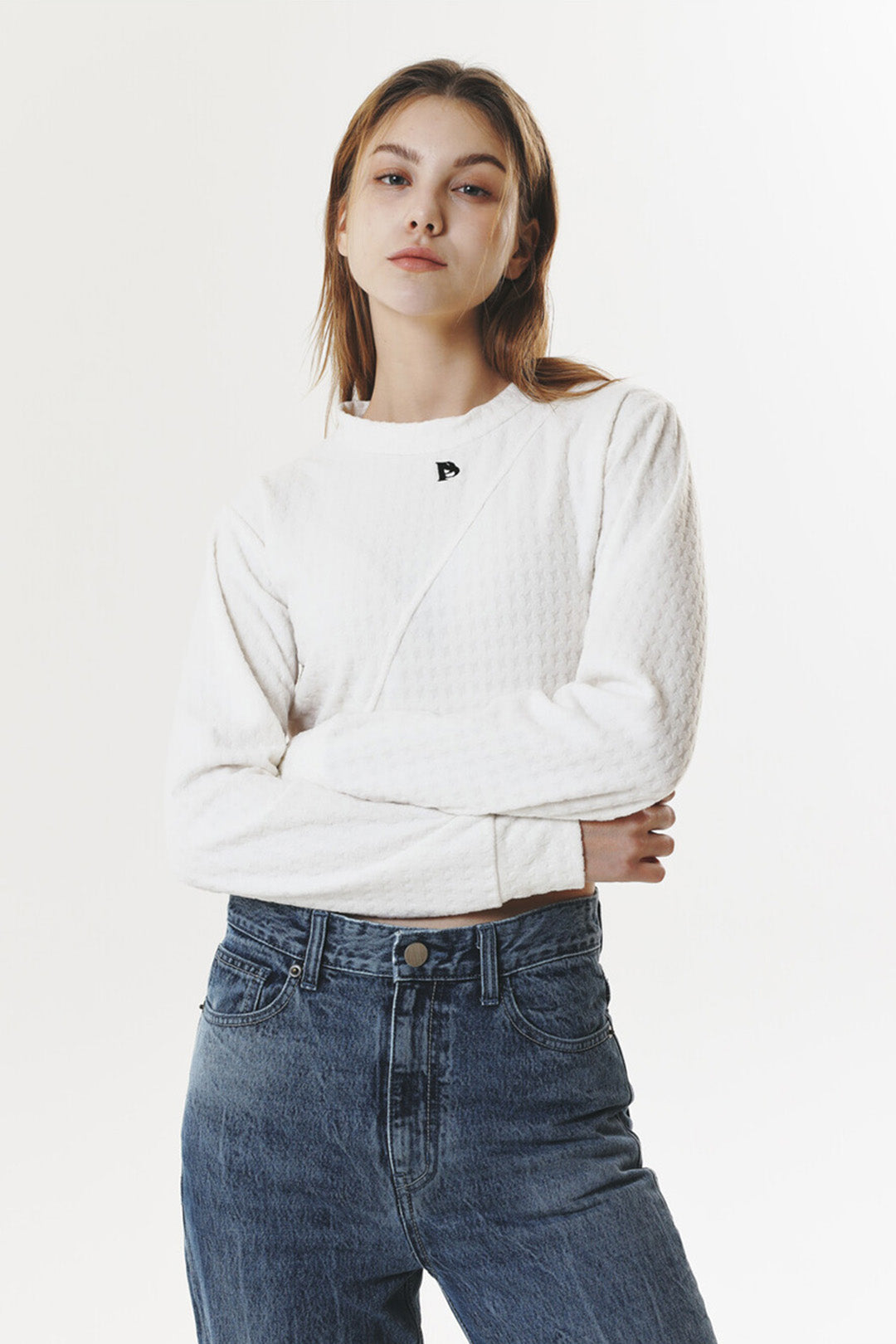 Navy Polar Fleece Logo Crop T-Shirt by Phenomenon Seeper, featuring a logo print on soft fleece fabric, designed as a stylish crop top.
