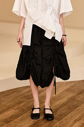Reculer black shirring skirt pants, one-size bottoms with a relaxed fit and gathered detailing, stylish and comfortable for everyday wear.