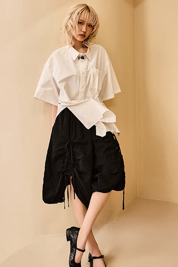 Reculer black shirring skirt pants, one-size bottoms with a relaxed fit, featuring gathered fabric detail and a casual style.