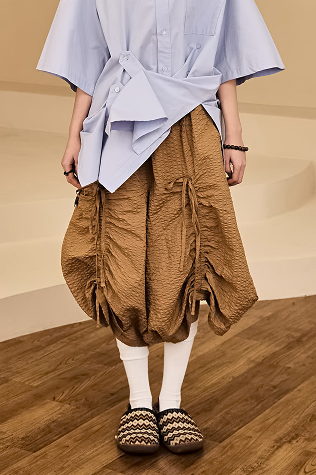 Reculer brown shirring skirt pants, one size, stylish bottoms with a gathered, elastic waistband and relaxed fit.