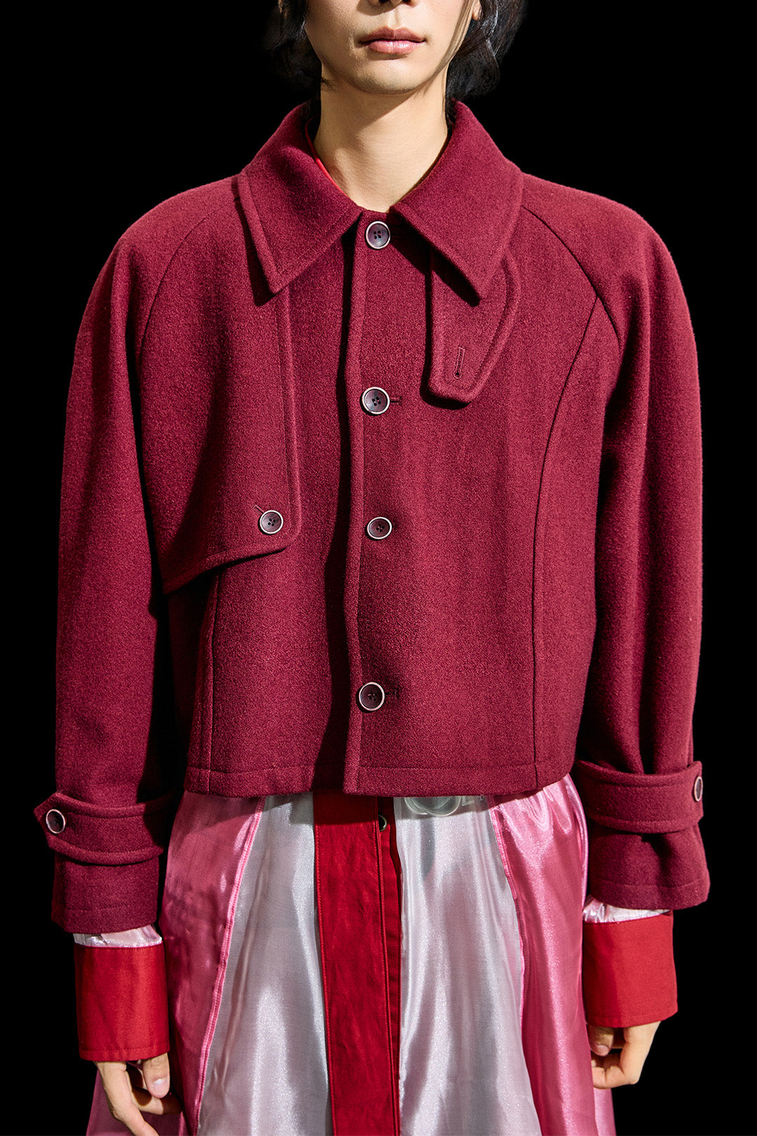 Reculer Burgundy Reglan Trench Cropped Wool Coat for women, stylish and warm with a classic trench design.