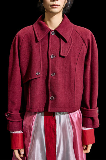 Reculer Burgundy Reglan Trench Cropped Wool Coat for women, stylish and warm with a classic trench design.