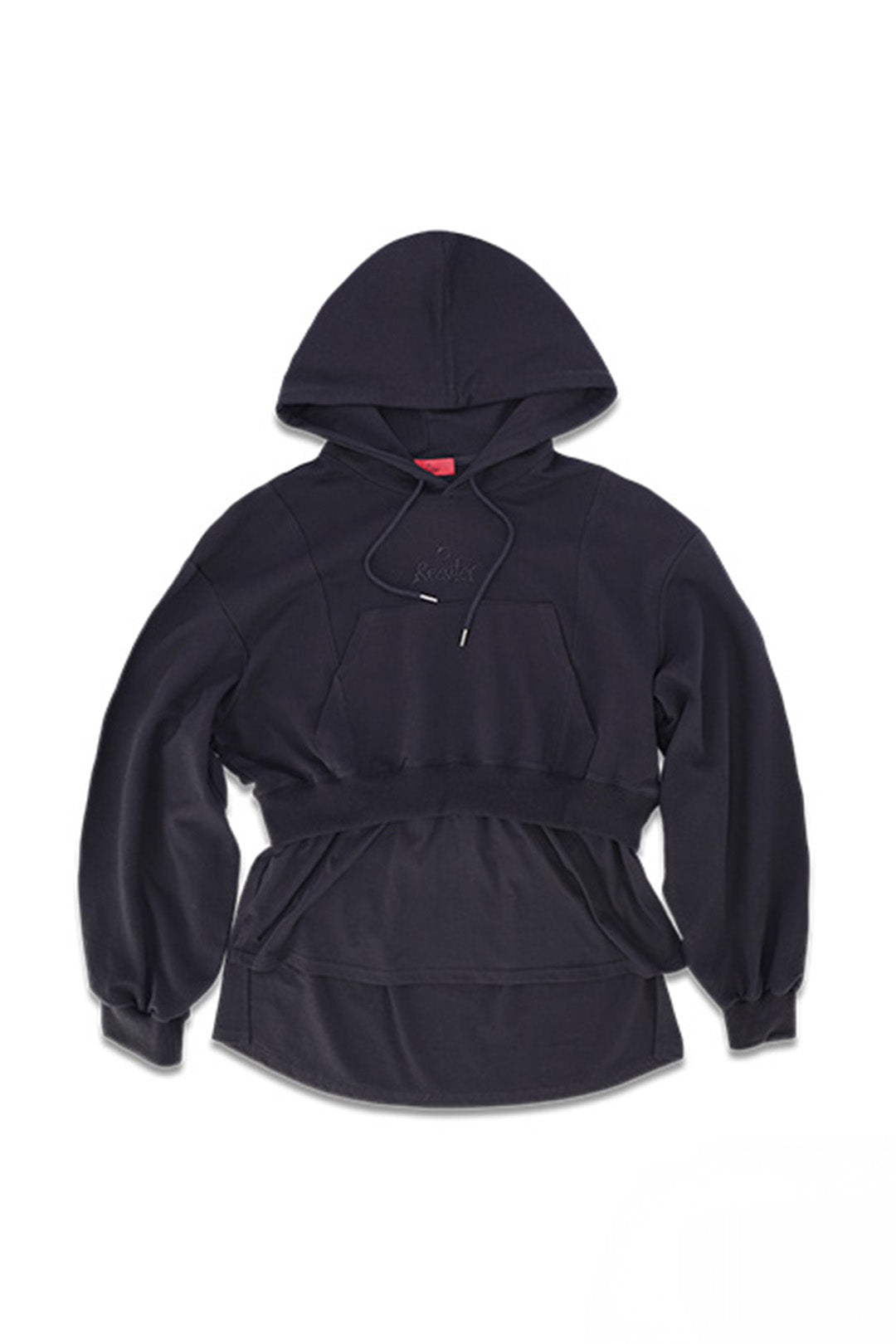 Reculer black layered hoodie, one size, with a multi-layered design and casual fit, shown on a plain background.