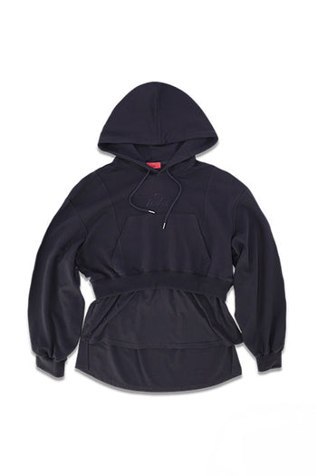 Black layered hoodie by Reculer featuring a stylish, multi-tiered design and comfortable fit, shown on a plain background.