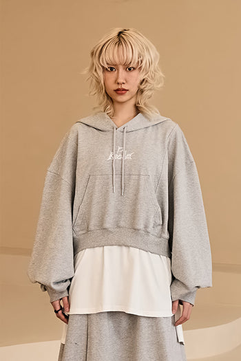Reculer layered grey hoodie with a relaxed fit, featuring a stylish, multi-layered design and a comfortable hood.