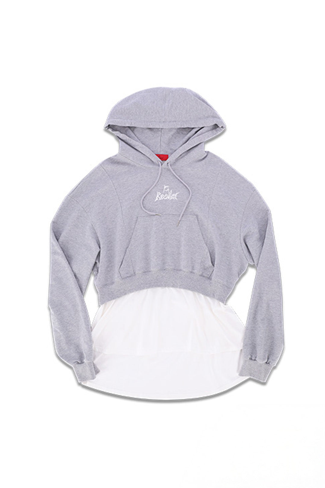 Reculer layered grey hoodie with a relaxed fit, featuring multiple fabric panels and a casual, stylish design.