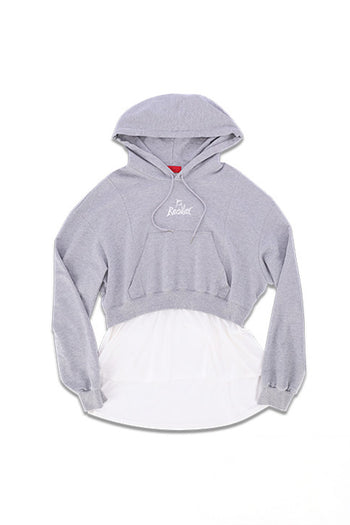 Reculer layered grey hoodie with a relaxed fit, featuring multiple fabric panels and a casual, stylish design.