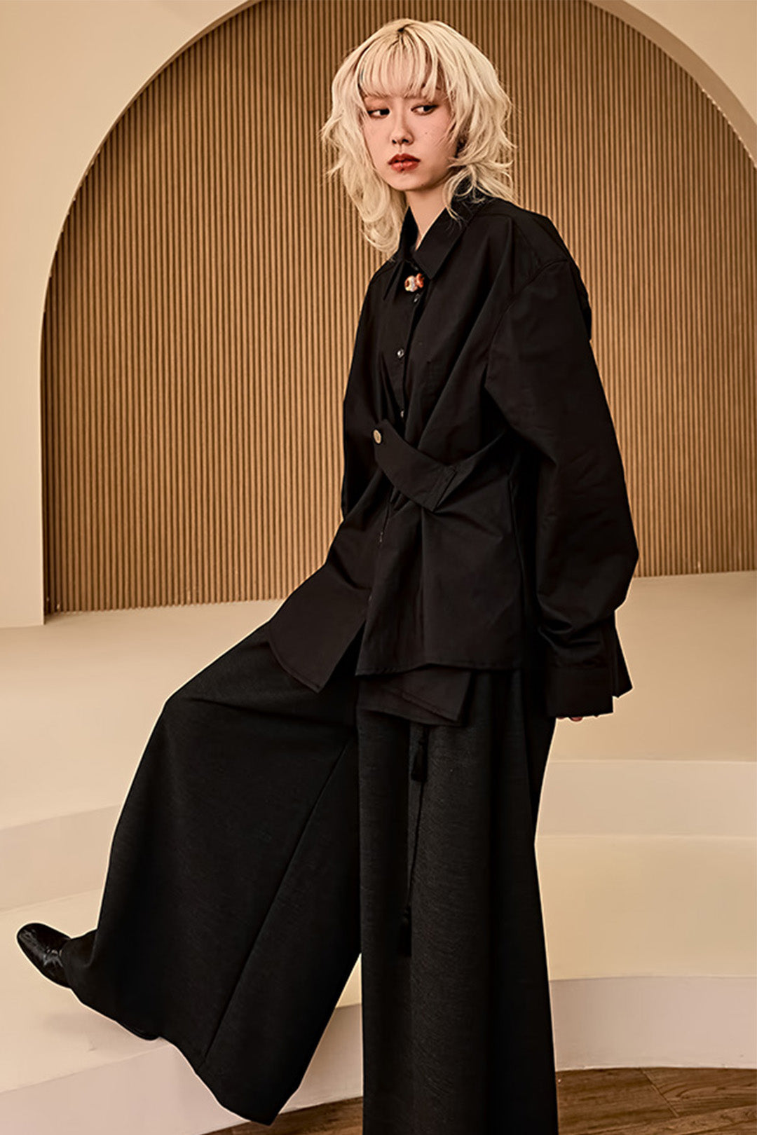 Draping Basic Shirt Black by Reculer. This oversized cotton shirt features an adjustable tab for a stylish draped silhouette. Perfect for a modern look