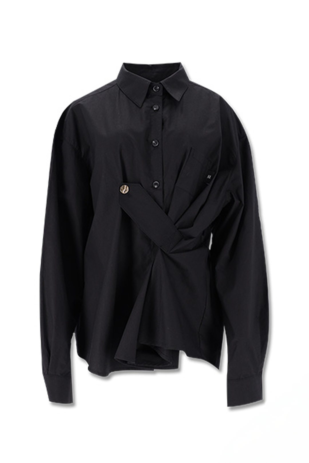 Draping Basic Shirt Black by Reculer. This oversized cotton shirt features an adjustable tab for a stylish draped silhouette. Perfect for a modern look