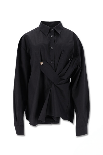 Draping Basic Shirt Black by Reculer. This oversized cotton shirt features an adjustable tab for a stylish draped silhouette. Perfect for a modern look