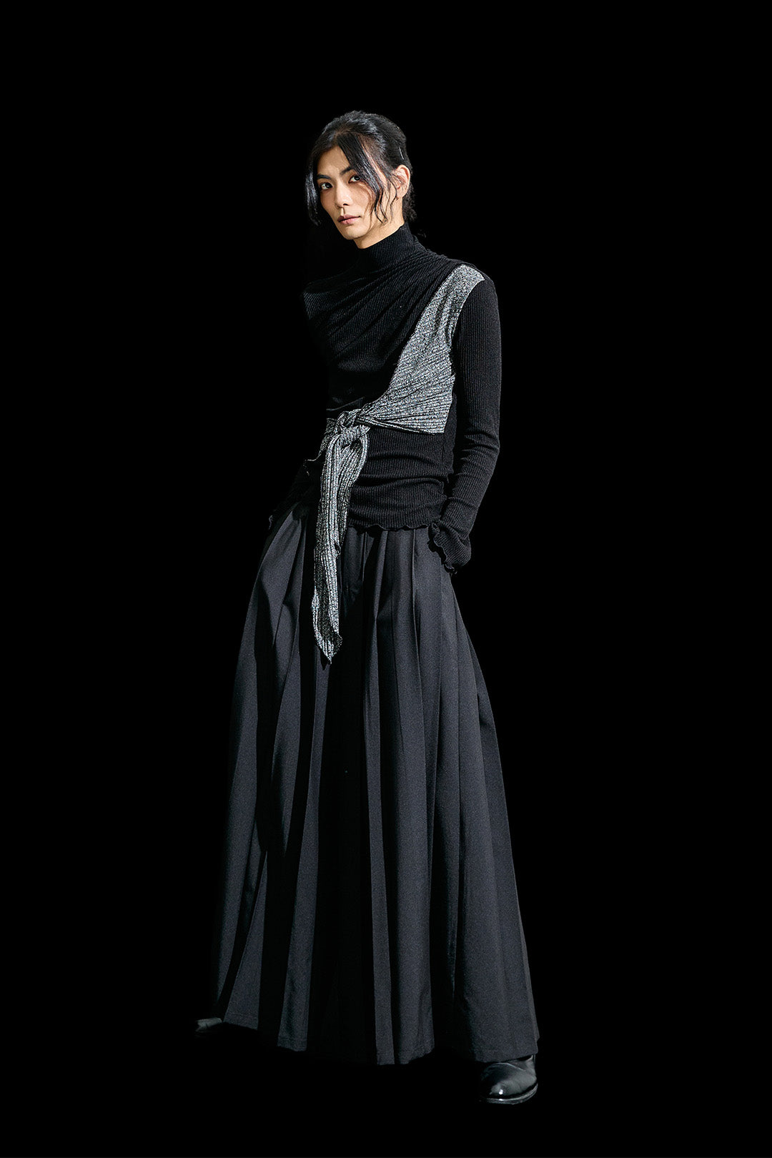 Reculer black cowl string coloration draped T-shirt, one size, casual shirt with unique fabric design and relaxed fit.