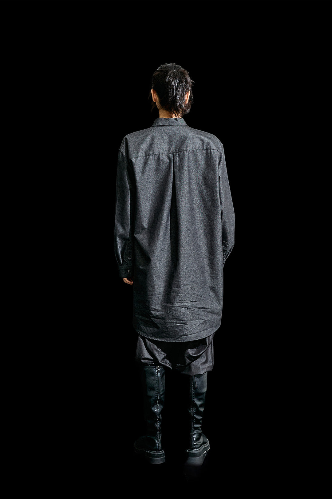 Reculer black denim long shirt with draped design, one size, casual shirt for versatile styling.
