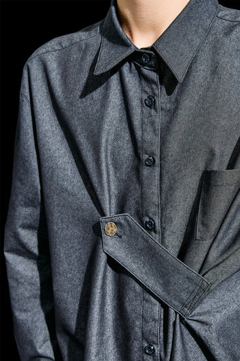 Reculer black denim long shirt with draped design, one-size, casual style, showing the relaxed fit and soft fabric texture.