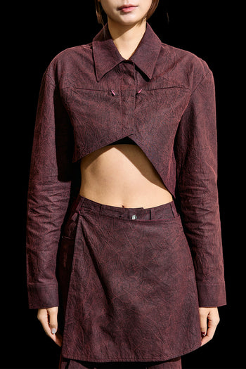 Reculer Burgundy Wrinkle R-Crop Shirt for women, featuring a stylish cropped design and soft fabric.