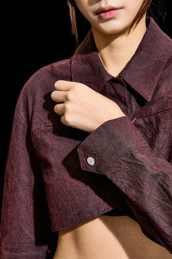 Reculer Burgundy Wrinkle R-Crop Shirt for women, featuring a stylish button-up design and cropped fit.