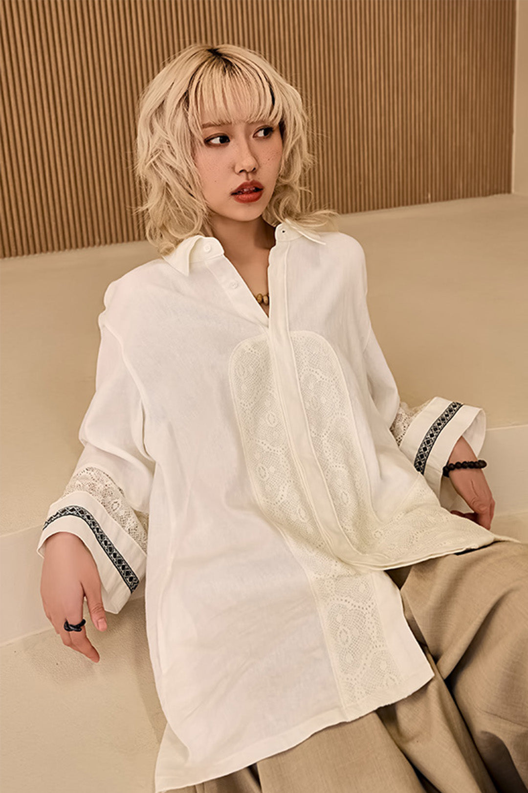Ivory lace color combination linen shirt by Reculer, featuring a relaxed fit and intricate lace details, perfect for casual wear.