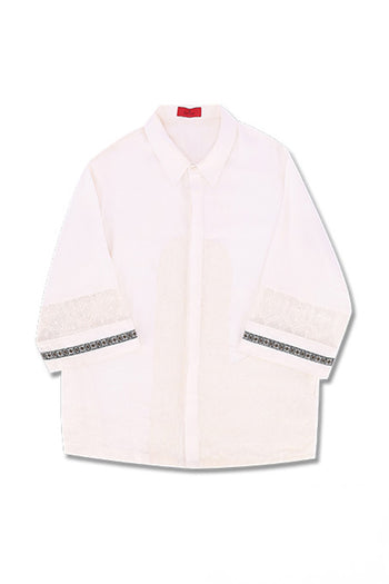 Reculer ivory lace color combination linen shirt, one size, casual elegant shirt with intricate lace detailing.