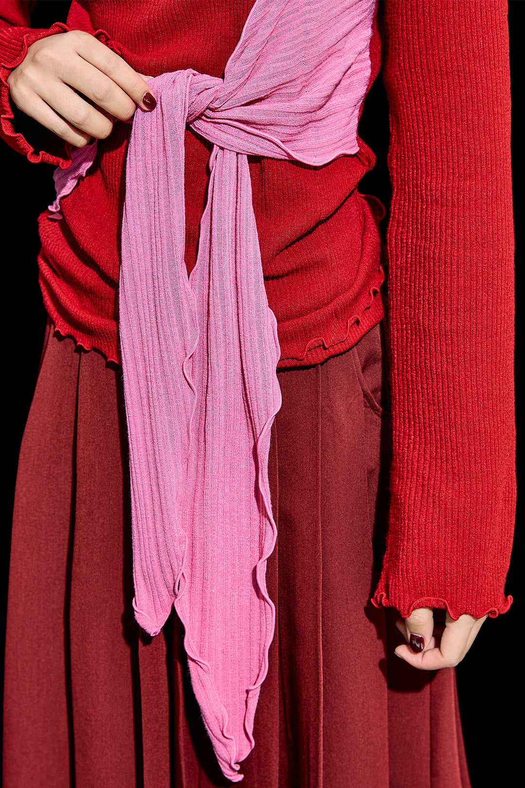 Red Reculer cowl string draped T-shirt, casual shirt with a unique colouration and relaxed fit, shown on a white background.