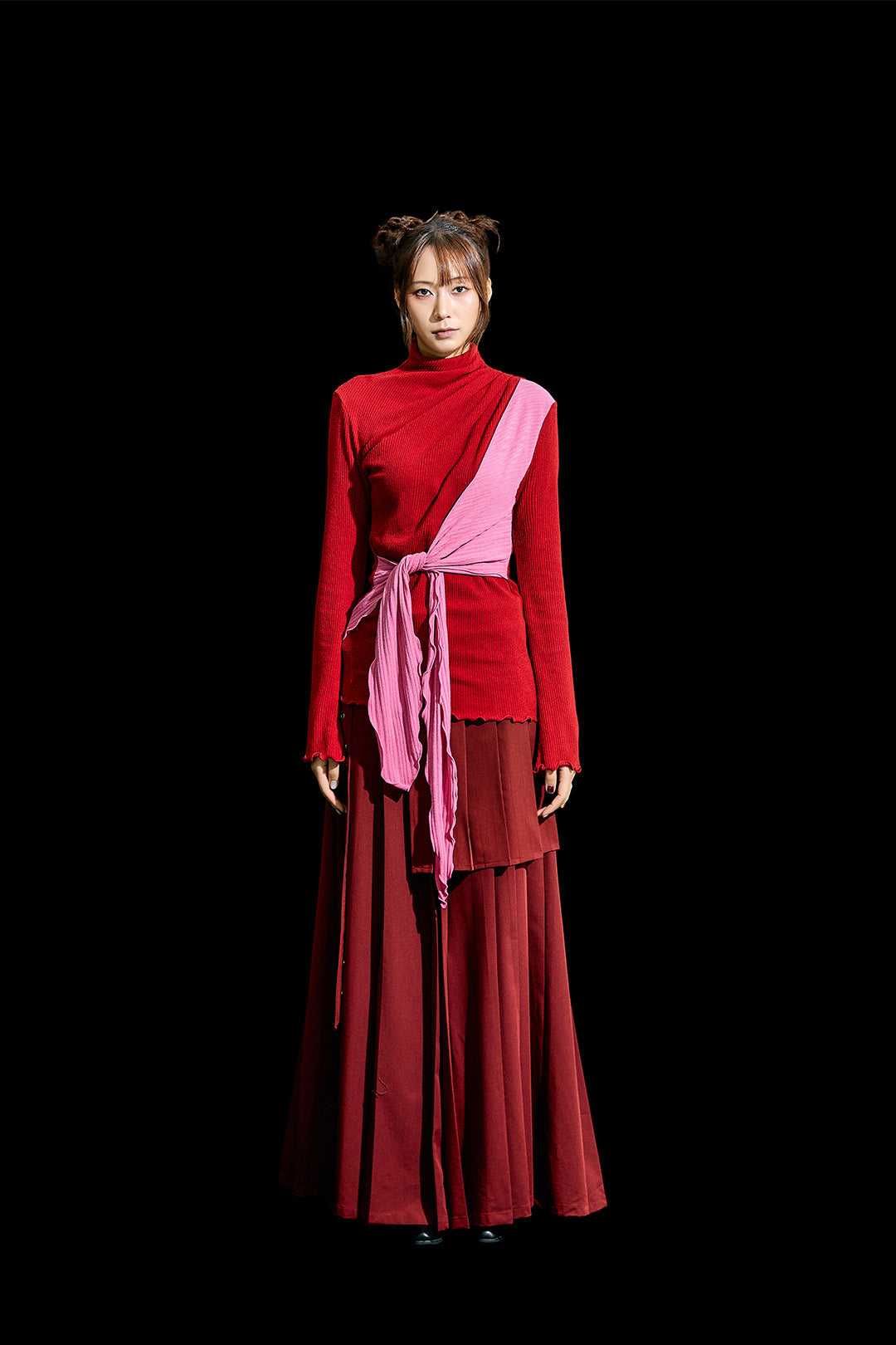 Reculer red cowl string draped T-shirt, one size, casual shirt with unique coloration and relaxed fit, shown on a model.