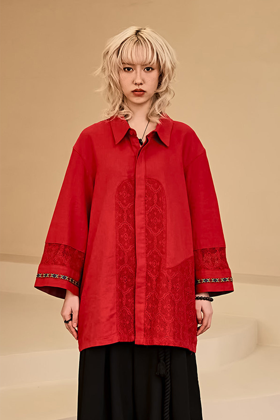 Red linen shirt with lace color combination from Reculer, featuring a relaxed fit and stylish design.