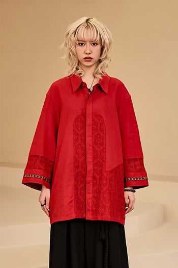 Red linen shirt with lace color combination from Reculer, featuring a relaxed fit and stylish design.