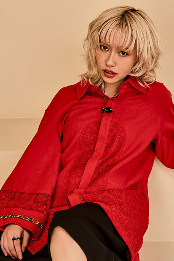 Red linen shirt by Reculer featuring lace color combination and a relaxed fit, displayed on a hanger.