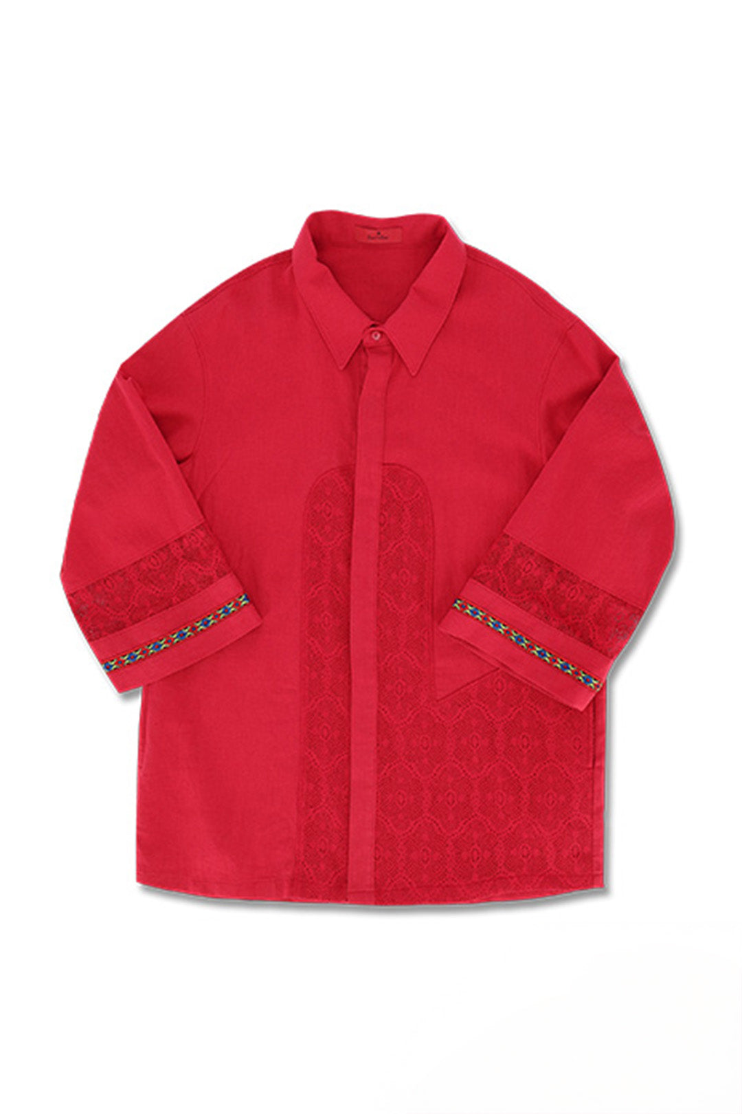 Red linen shirt by Reculer featuring lace color combination, displayed on a hanger with a casual fit.