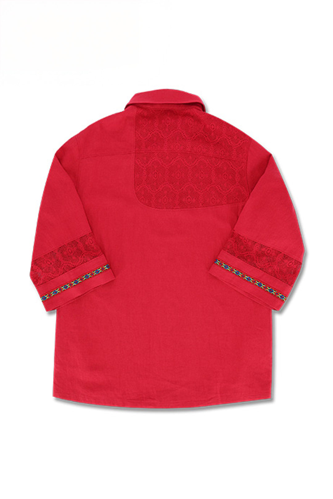 Red lace and color combination linen shirt from Reculer, featuring a stylish, comfortable design with a relaxed fit.