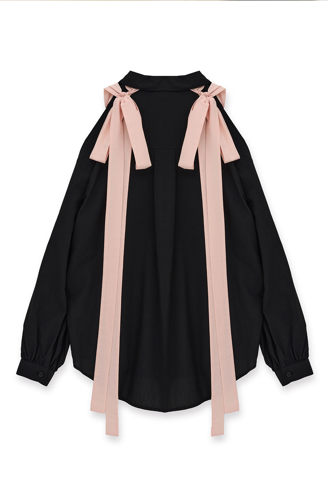 Black Ribbon Wings Ribbon Shirt by EUNJO, featuring a stylish design with ribbon accents, displayed on a hanger.