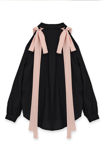 Black Ribbon Wings Ribbon Shirt by EUNJO featuring a stylish ribbon detail and classic shirt design.