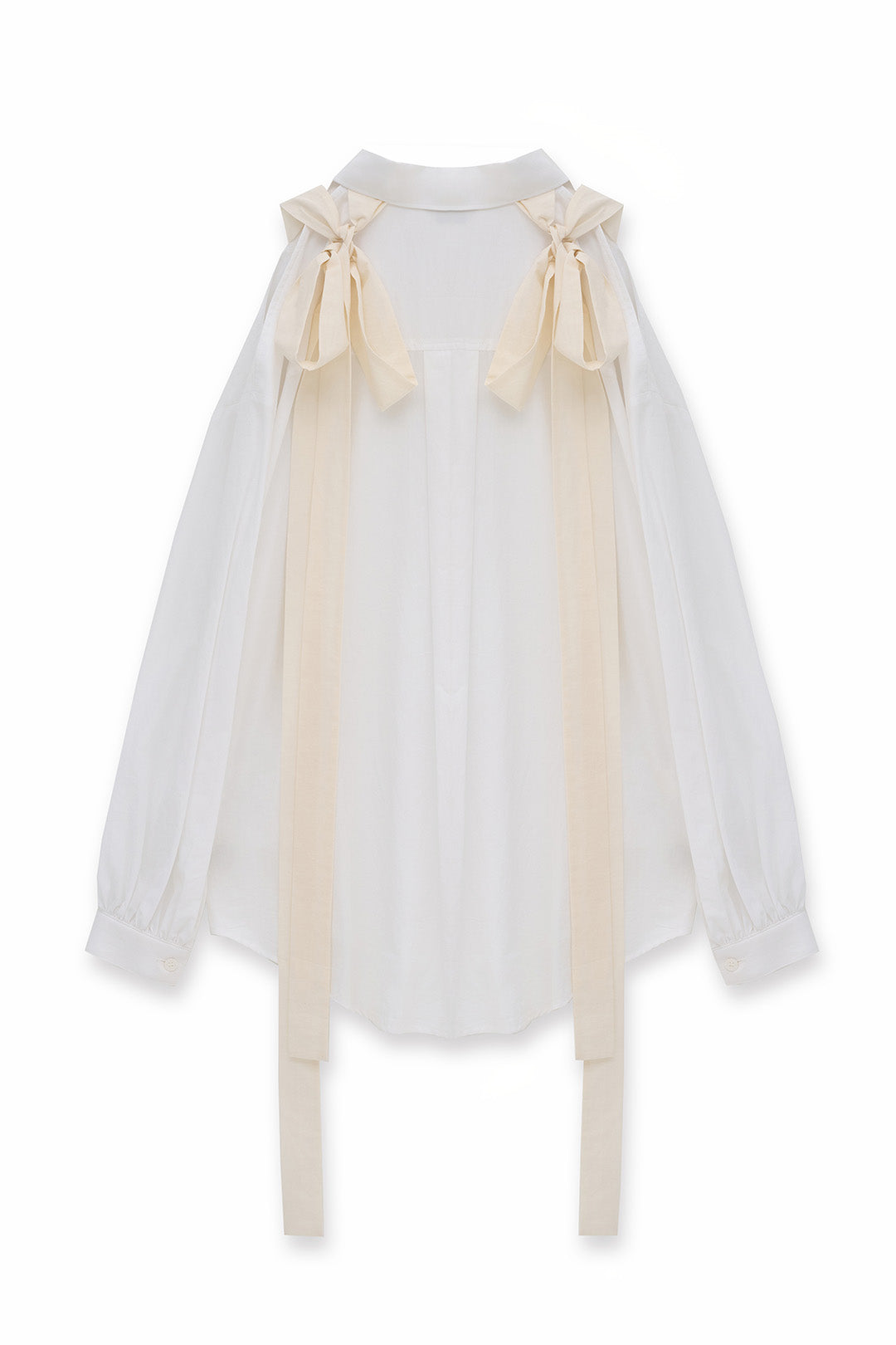 White Ribbon Wings Ribbon Shirt by EUNJO featuring a stylish overall design and ribbon detailing.