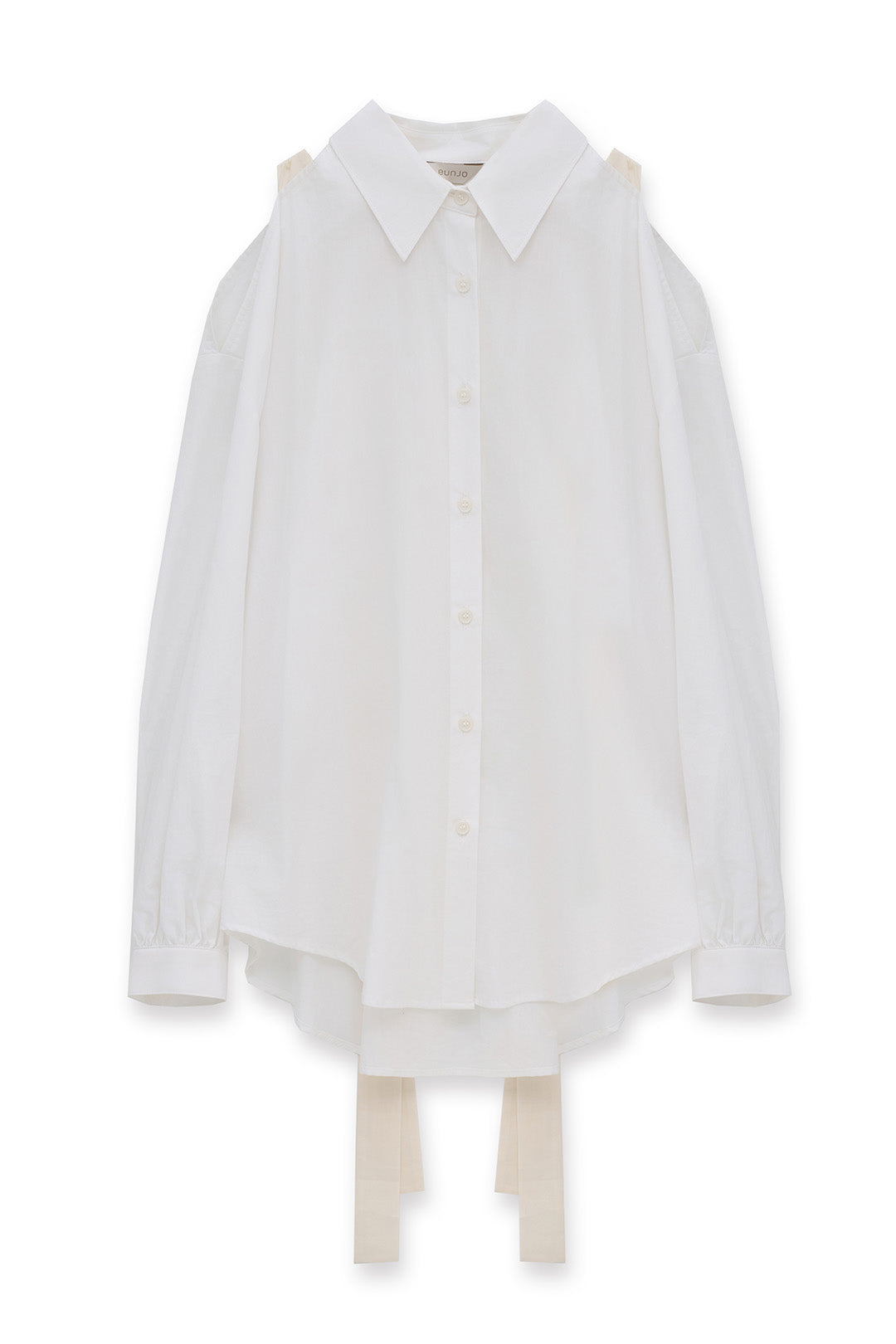 White Ribbon Wings Ribbon Shirt by EUNJO featuring a stylish overall design and ribbon detailing.